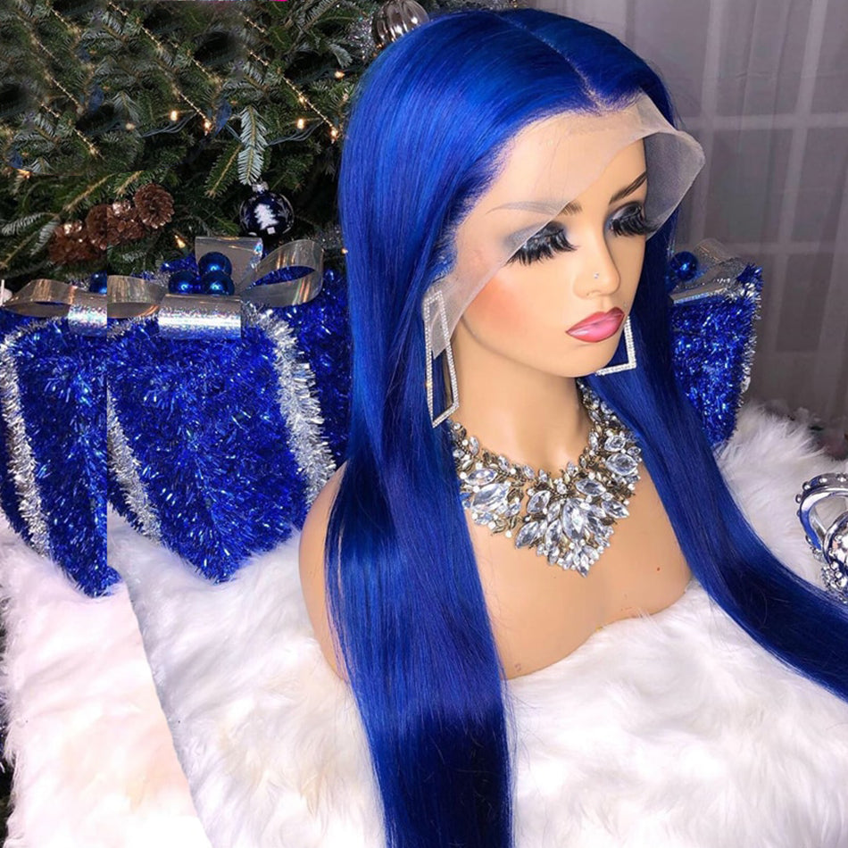 Blue Color PrePlucked Brazilian Lace Wig