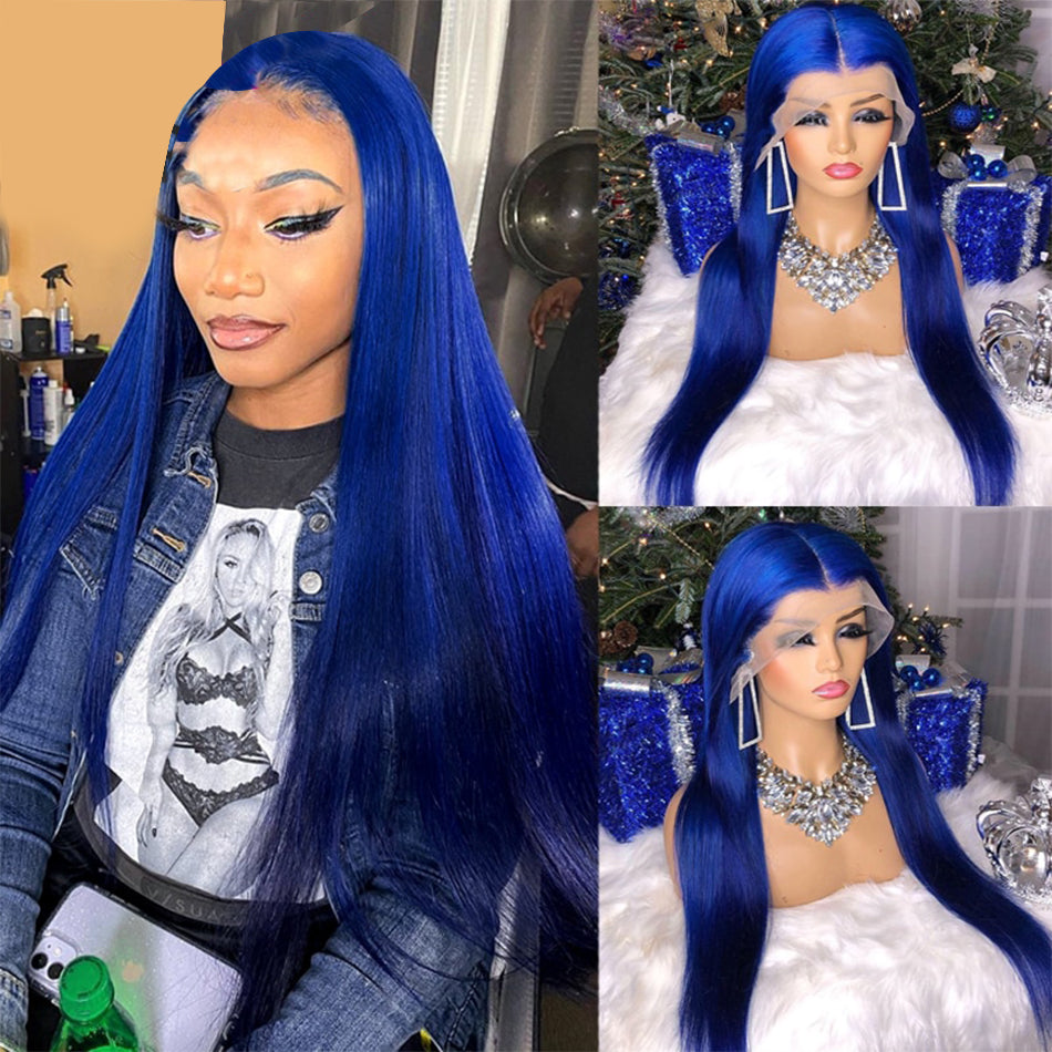Blue Color PrePlucked Brazilian Lace Wig
